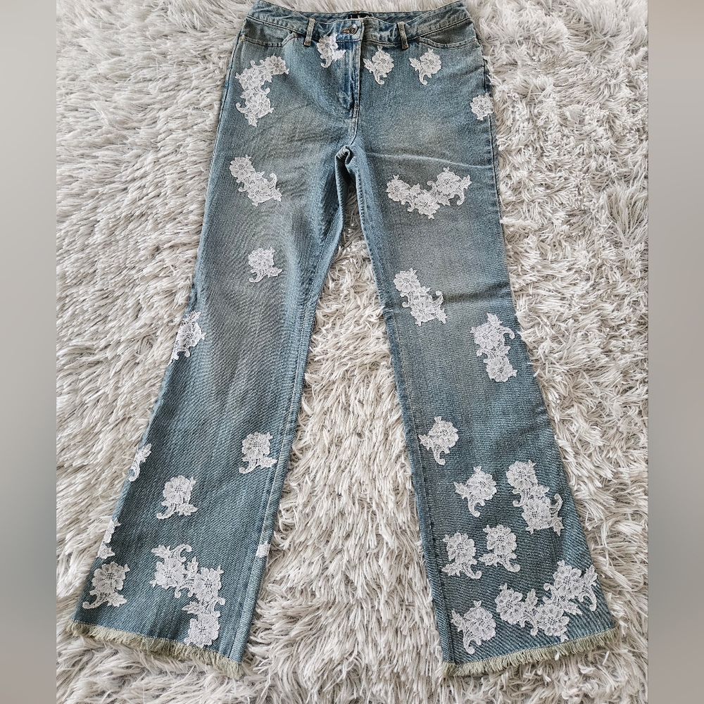 Vintage I.N.C. Lace Floral Applique Jeans Blue White Mid-rise Wide Leg Womens 8